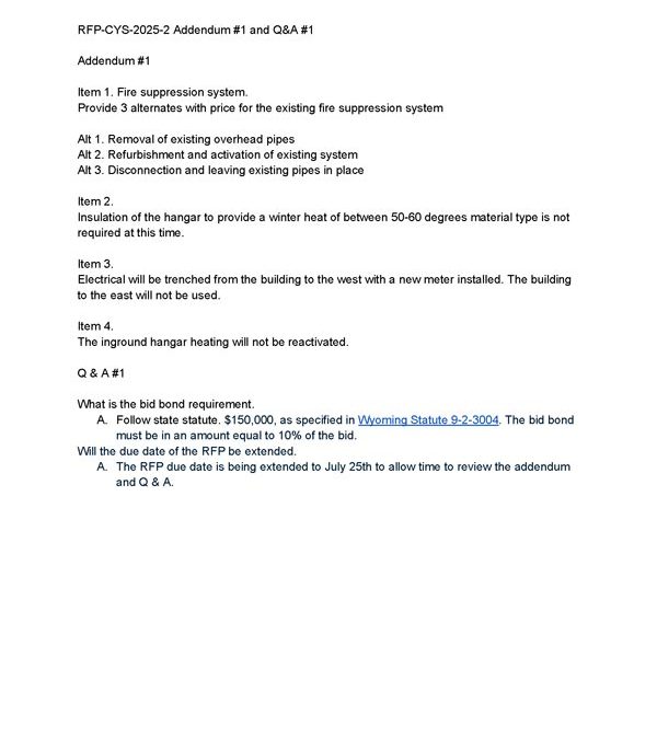 Request for Proposal for Building 100 (“Hush House”) – RFP-CYS-2025-002Conversion of an Existing Airport Facility to a Hangar